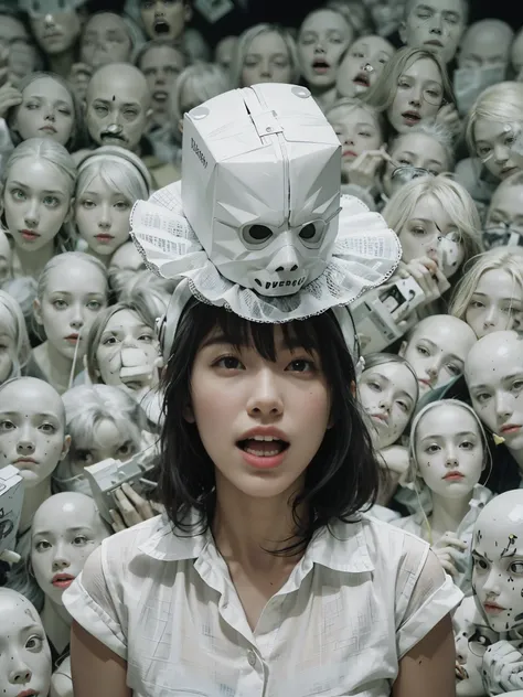 bust up shot,dark theme, peter greenaway style,A woman wearing a milk carton headgear takes a commemorative photo with the crowd., dark room, Low - Angle, crazy art, anger,shock art、ultra high resolution、white fluorescent,(realistic:1.3), unreal engine, im...