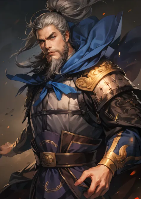 ((( picture style maintenance ))),  Koei Three Kingdoms illustration, Maintain the composition,  charming man ,  perfect face,  perfect hands,  Natural Hands , ((Gray hair)),  head hood ,  Wind-Blown Cloak, (old man), (( rich beard)), (( middle-aged male )...