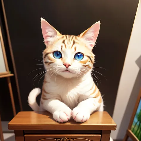 painting of a cat with blue eyes sitting on a table, cute detailed artwork, painting of beautiful, a cute cat, in a painting of a cat, cute cat, cute detailed digital art, beautiful and realistic, an oil painting of a kitten, cute digital art, a painting o...