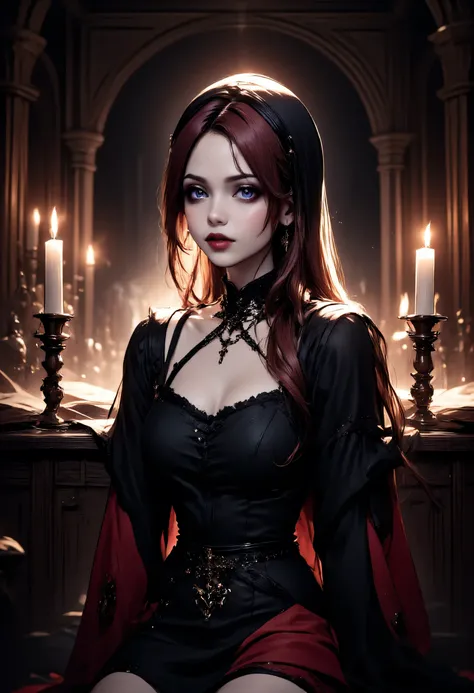 a picture of a beautiful Catholic nun sitting in a goth bar , sipping a dark red cocktail, wearing a white catholic nun habit, full body, slightly hiding the edge of white silk stocking, (vampiric fang: 1.3), wearing high heels, smirking, black silver cros...