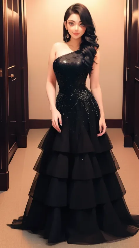 arafed woman in a black dress standing in a hallway, wearing an evening gown, black gown, magical dress, full dress, emaciated black evening gown, stunning elegant, lady with glowing flowers dress, fantasy dress, wearing long gown, extravagant dress, black...