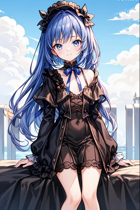  Masterpiece, Park,  blue sky,  Hair,  long hair, Dull Bangs Bangs , long eyelashes,  blue eyes,  Black Gothic Lolita, smile, Ribbon in hair, Gentle expression， Hair， shortcut ， unkempt hair，Short braided hair，Neat， slender beautiful woman，Correct posture，...