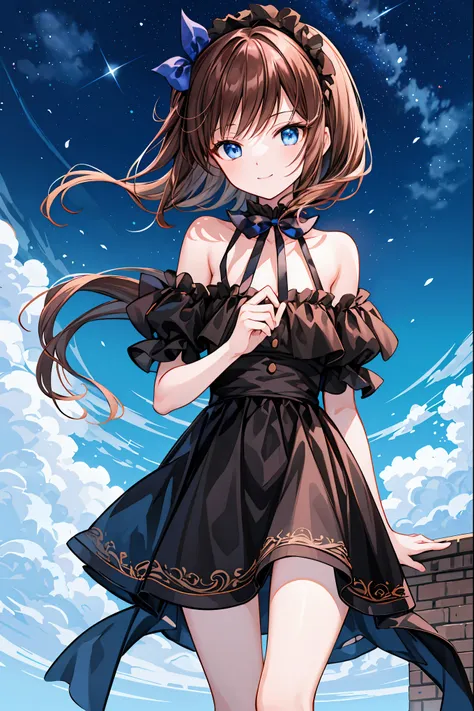  Masterpiece, Park,  blue sky,  Hair,  long hair, Dull Bangs Bangs , long eyelashes,  blue eyes,  Black Gothic Lolita, smile, Ribbon in hair, Gentle expression， Hair， shortcut ， unkempt hair，Short braided hair，Neat， slender beautiful woman，Correct posture，...