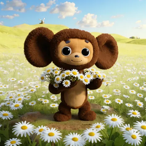  cheburashka holds a large bouquet of daisies. around a chamomile field 