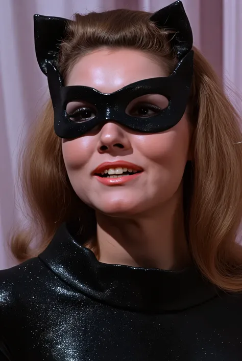 tallulah bankhead,.wearing eye mask, full face only shot, smiling, Dressed in a black tight-fitting , closed to the neck , latex metallized catsuit .