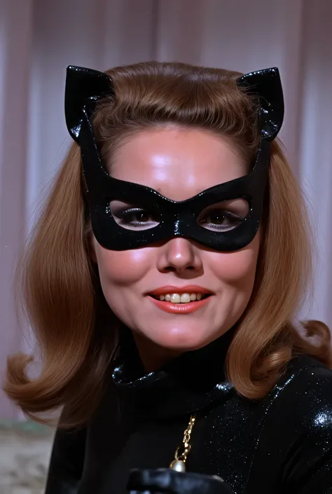  tallulah bankhead,.wearing eye mask, full face only shot, smiling, Dressed in a black tight-fitting , closed to the neck ,  latex metallized catsuit .