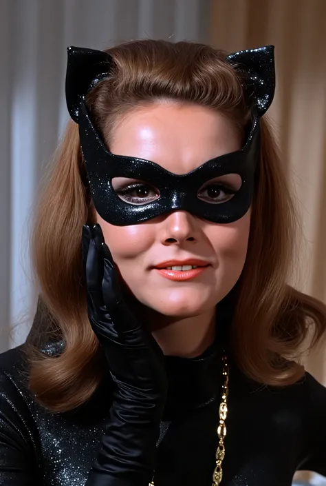 tallulah bankhead,.wearing eye mask, full face only shot, smiling, Dressed in a black tight-fitting , closed to the neck , latex metallized catsuit .