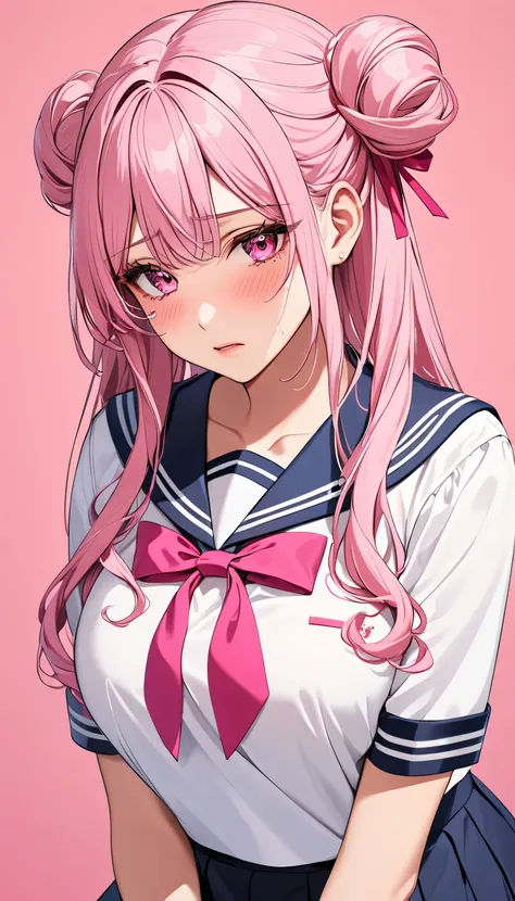 top quality Masterpiece high definition Masterpiece pink long hair, curly hair, pink Eyes , twin bun bun hair, big breast, plain backround, pink backround, no backround, hurt, sad, cry, seifuku, school girl, sailor, make up, gyaru