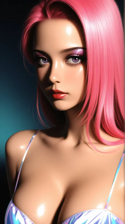 80’s glam rock makeup on shiny android face, anime, glittery face, 2.5D, moody lighting, (purples, pinks, and blues), iridescent face, pretty, sexy, minimal, sleek, slender, asian, elegant, futuristic, retro, sophisticated, big breasts, cleavage, style ret...