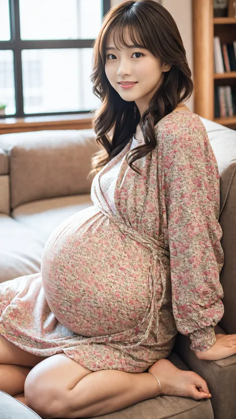 masterpiece, Best Quality, 8K,looking at the viewer,Japanese Lady,20 years old, huge pregnant, Voluptuous, crop top jacket , wrap dress, shoulder length hair, living room background, sitting 