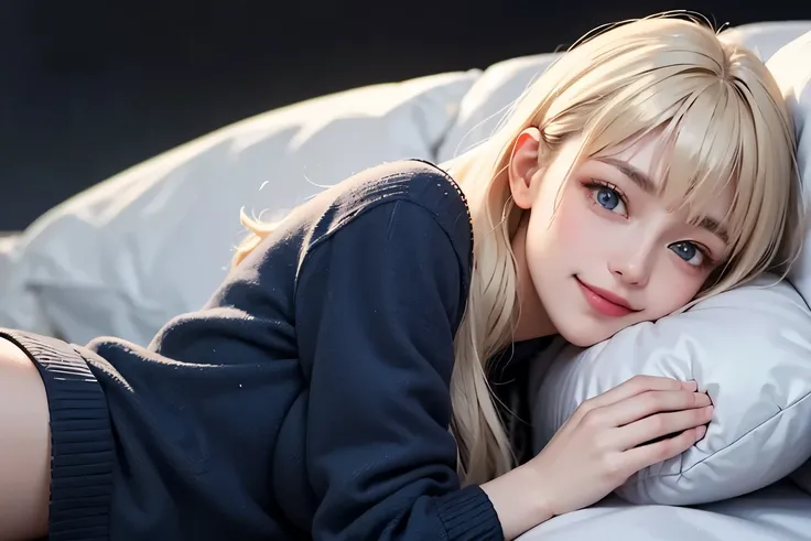 top quality, hd ,4k , high contrast , semi-realistic, 1lady, solo, smile, casual, long hair,long light platinum blonde hair, bangs, blue coat, gray naked sweater, moonlight, unique, Lying down, hugging pillow