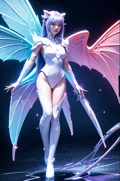 1girl, Armor, Wings, beautiful dragon, futuristic evolved Nekomata, (Neon glowing body), 2 tails, holographic, (The wings are symmetrically paired;1.5), Long shot,