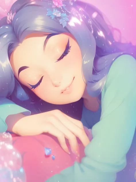 a close up of a cartoon sleeping in a bed with a tiable, sleeping princess!!!!, sleeping beauty, sleeping beauty fairytale, dreamy and detailed, dreamy aesthetic, disney art style, dreamy illustration, disney art, very magical and dreamy, art in the style ...