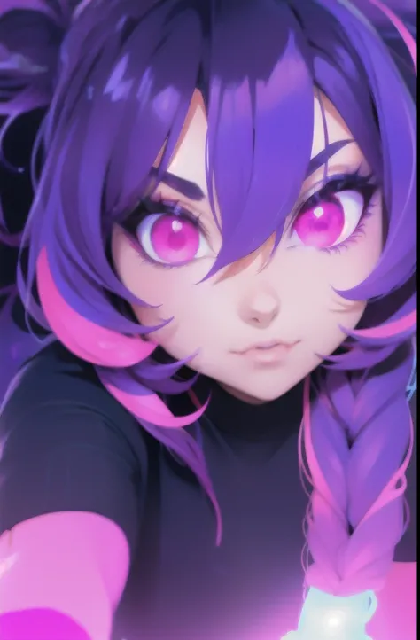 a close up of a woman with purple hair and a black top, blacklight aesthetic, glowing purple, pastel goth aesthetic, goth girl aesthetic, dark art style, anime vibes, goth aesthetic, purple glow, pastel goth, with glowing purple eyes, neon light and fantas...