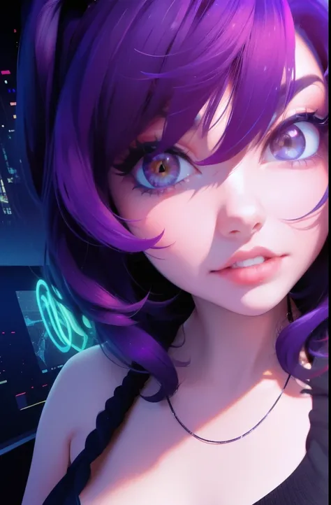 a close up of a woman with purple hair and a black top, cyberpunk art inspired by Jeremiah Ketner, tumblr, gothic art, blacklight aesthetic, glowing purple, pastel goth aesthetic, goth girl aesthetic, goth aesthetic, anime vibes, dark art style, purple glo...