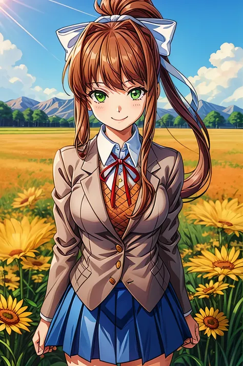 at a field, awe-inspiring, monika, green eyes, brown hair, very long hair, ponytail, hair ribbon, white ribbon, relaxed, subtle smile, blazer, brown sweater, collared shirt, neck ribbon, blue skirt, masterpiece