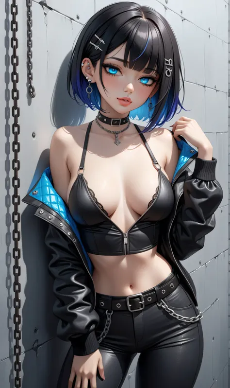 ((Random porn pose)), ((masterpiece)), ((Ultra detailing)), (very aesthetic, best quality, ultra detailed), intricate details, 1girl, Black hair, short hair, emo hair, (Random hairstyle), Blue inner hair  ,,((Detailed eyes)), ((Beautiful eyes)), ((prefect ...