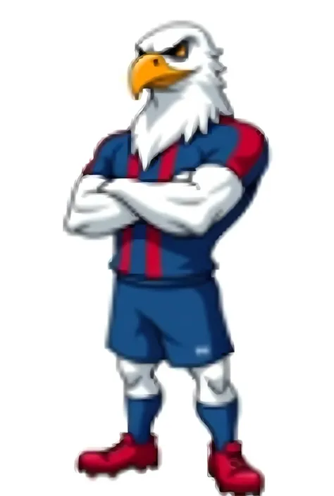 A white eagle, the mascot of a football (soccer) team, standing with its arms crossed in a confident pose. The eagle is wearing a blue uniform with vertical red stripes, blue shorts, blue socks, and red soccer cleats. The character has a strong, athletic b...