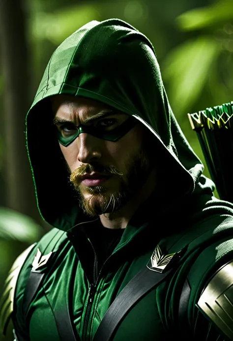 cinematic image of chris evans as Green Arrow live action, Van Dyke beard, blond