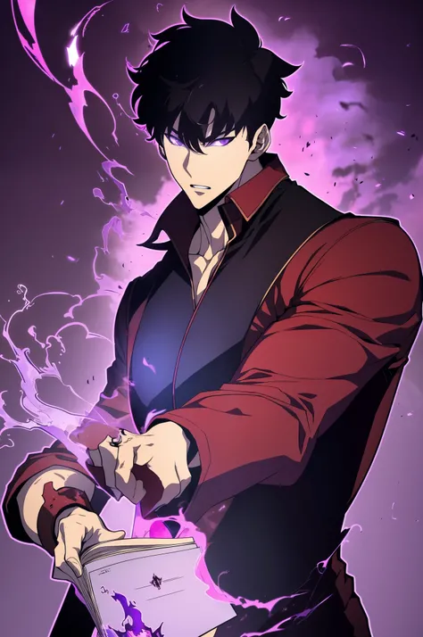 ((1boy)),solo leveling, ((black haired)), highres,high quality,realistic, masterpiece,has a purple aura outside his clothes, wearing a red,costume, l, angry ,badas, perfect fingers,face to face,close mouth, depth of field, sketch, dark intense shadows, sha...