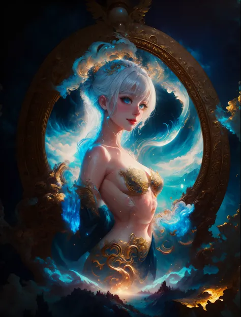 face by art station,Moon Goddess, Full Length Figure, Contemptuous Gaze, Detailed Face, (Naked: 1.4), perfect tits, Gold Decoration, Black Plain Background,beautiful caucasian girl close-up, body in dynamic movement, oil, digital art, splash, full body,art...