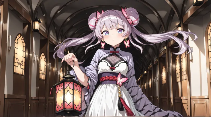 ((masterpiece, best quality, extremely detailed, absurdres, very aesthetic, amazing quality)), panorama, (1girl, solo, beautiful Bun-style twin tails, White and purple mesh hair, Like tiger stripes) BREAK Lantern earrings, the earrings are luminous, Women'...