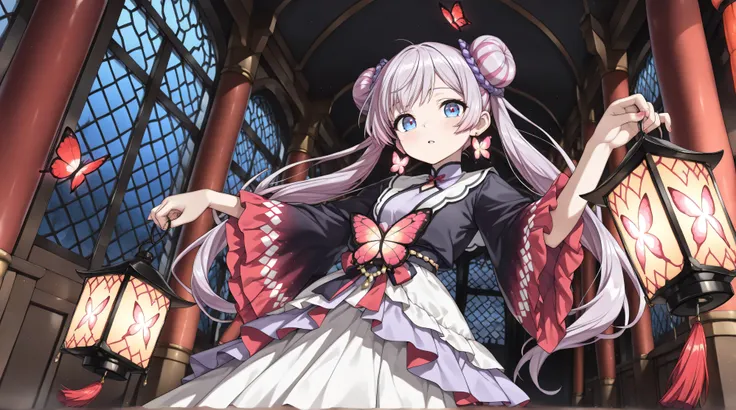 ((masterpiece, best quality, extremely detailed, absurdres, very aesthetic, amazing quality)), panorama, (1girl, solo, beautiful Bun-style twin tails, White and purple mesh hair, Like tiger stripes) BREAK Lantern earrings, the earrings are luminous, Women'...