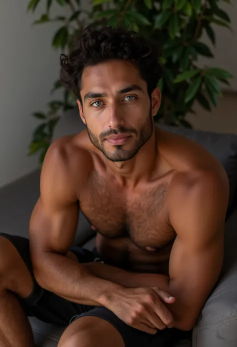 Mix man, black+white, pardo people, blue eyes, sensual smiling, posing in a sofa, (hairy body: 1.5), very handsome model, brazilian, hairy, thick legs, hairy legs, uhd, 16k, professional photo, masterpiece, hamanv1