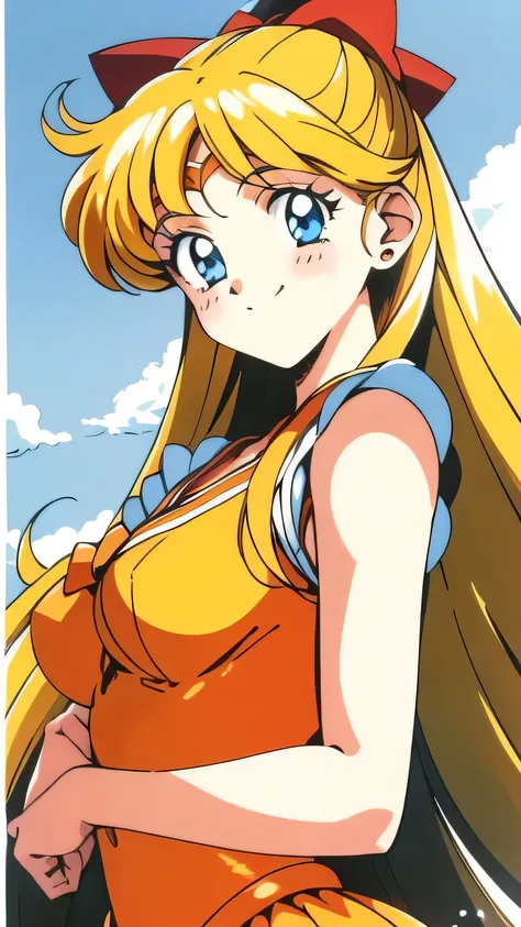 Masterpiece,  (top quality:1.2),  (Ultra Detailed:1.2), (8K:1.2), 1990's Anime, Upper body shoot, (orange Sailor Venus), 1girl, Delighted smile, blonde long hair, red ribbon, deep blue ribbon on chest, oval face:1.4