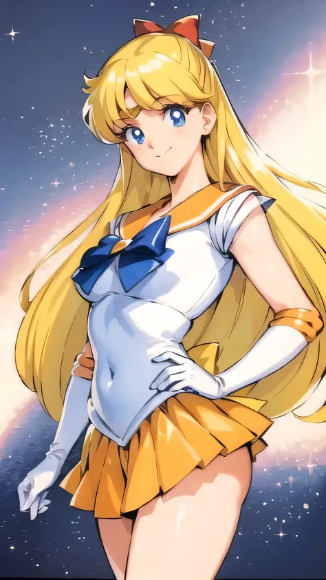 Masterpiece,  (top quality:1.2),  (Ultra Detailed:1.2), (8K:1.2), 1990's Anime, Upper body shoot, (Sailor Venus), 1girl, Orange sailor:1.3, white shirts:1.3, oval face, Delighted smile, blonde long hair, red ribbon, deep blue ribbon on chest, 