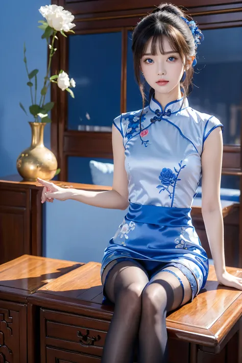 Cheongsam, 1 girl, blue bow, blue eyes, blue flowers, blue ribbon, blue rose, chest, Chinese clothing, Chinese clothing, dress, flower, gradient, gradient background, embroidered ball flower, looking at the audience, small chest, pantyhose, rose, single, t...