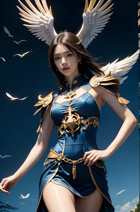 (masterpiece, highest quality, Realistic photos), ((Angel floating in the air;1.4)), A very cute Japanese woman, A complex copper and brass mechanical armor with a Hawk and eagle motif., Beautiful big angel wings, (The wings are symmetrically paired;1.5), ...