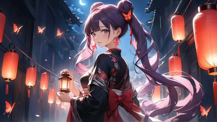 ((masterpiece, best quality, extremely detailed, absurdres, very aesthetic, amazing quality)), panorama, blue night corridor, (1girl, beautiful Bun-style twin tails, White and purple mesh hair, Like tiger stripes) BREAK Lantern earrings, the earrings are l...