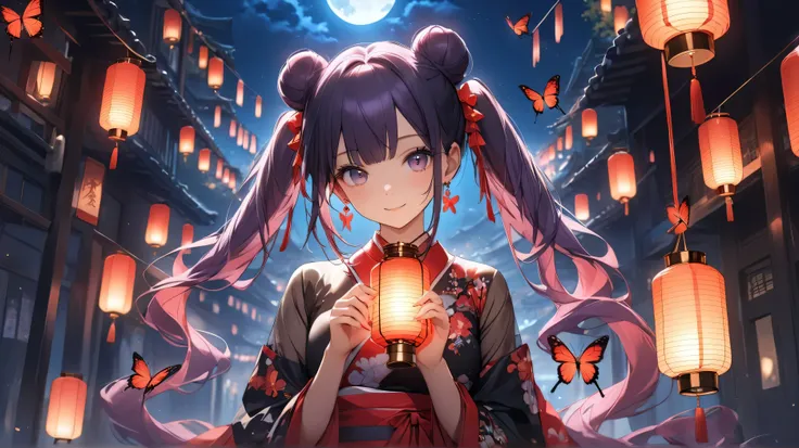 ((masterpiece, best quality, extremely detailed, absurdres, very aesthetic, amazing quality)), panorama, blue night corridor, (1girl, beautiful Bun-style twin tails, White and purple mesh hair, Like tiger stripes) BREAK Lantern earrings:1.3, the earrings a...