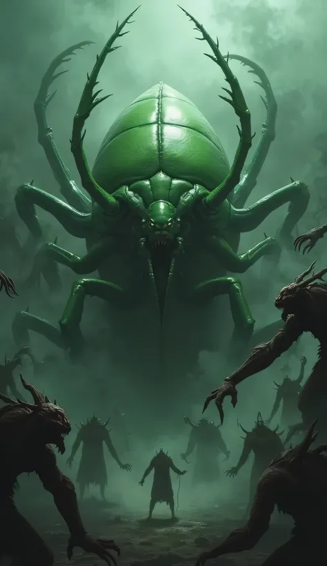 DEMONS SURROUNDING AN ULTRA-REALISTIC GREEN BEETLE-LIKE INSECT 