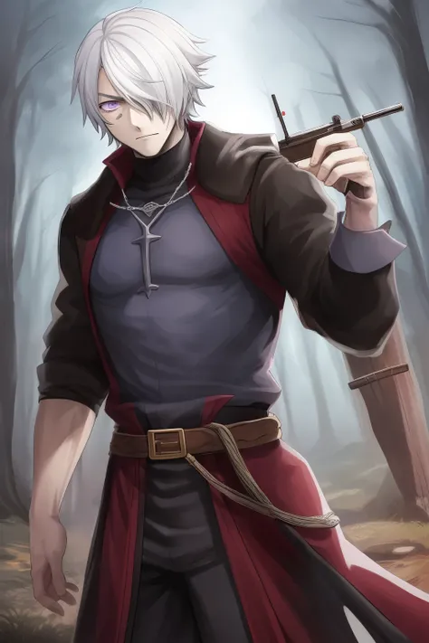 Boy, male, aura, dangerous, forest, white hair, hair covering one eye, purple eyes, marksmen, medieval, malevolent, menacing, evil, cool, perfect, high quality, detailed, anime