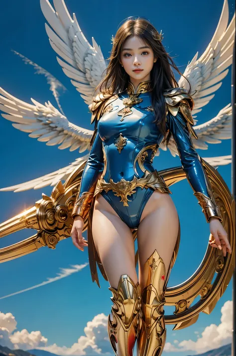 (masterpiece, highest quality, Realistic photos), ((Angel floating in the air;1.4)), A very cute Japanese woman, A complex copper and brass mechanical armor with a Hawk and eagle motif., Beautiful big angel wings, (The wings are symmetrically paired;1.5), ...