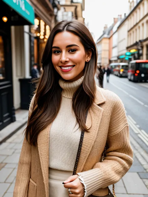 "Hyper-realistic portrait of a stunning 29-year-old British woman with radiant skin, extra long brown hair with dark roots, no braids. She has a beautiful smile with perfect teeth. She is wearing a stylish turtleneck sweater and a sophisticated coat, suita...