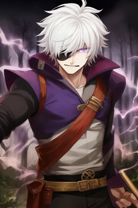 Boy, male, aura, dangerous, forest, white hair, hair covering one eye, purple eyes, marksmen, medieval, malevolent, menacing, evil, cool, perfect, high quality, detailed, anime