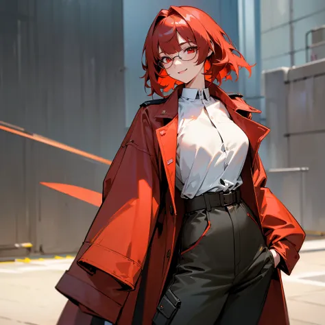 1female, adult, sexy, finely detailed neon red eyes, (straight medium hair), bangs, dark red hair, military combat clothing, open military jacket, loose undershirt, oversized baggy combat pants, happy expression, (perfect generation), standing on street, d...