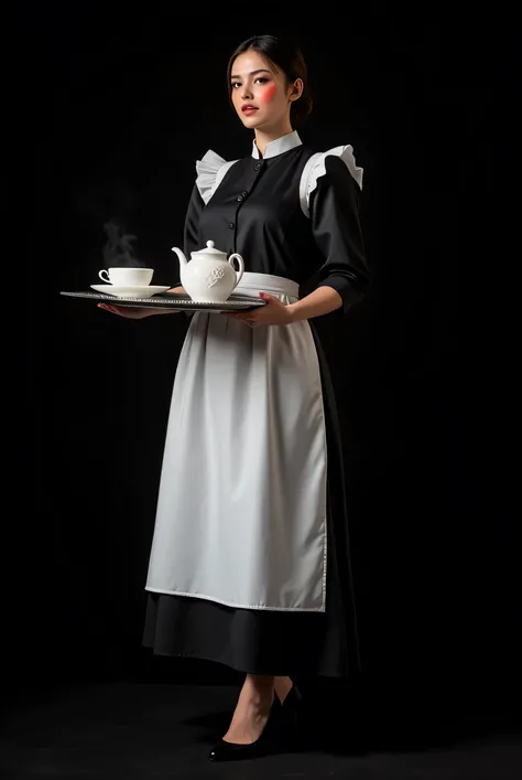 The image shows a woman in front of her hair tied in a black color dressed in a traditional maid's uniform. Low lighting on your face with a slight touch of red color on the right side of your face and body.
  The woman is holding a silver platter with a w...