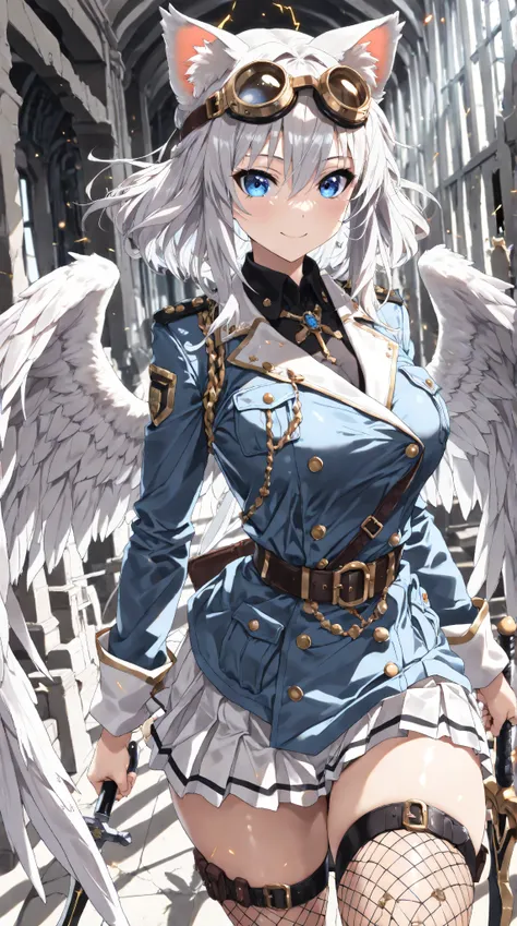 Goggles and cat ears, women in the world always wear goggles and cat ears, she wears cutting-edge gold goggles, beautiful silver white hair, blue eyes, blue military uniform and white skirt outfit, attractive thighs in fishnet stockings, angel wings growin...