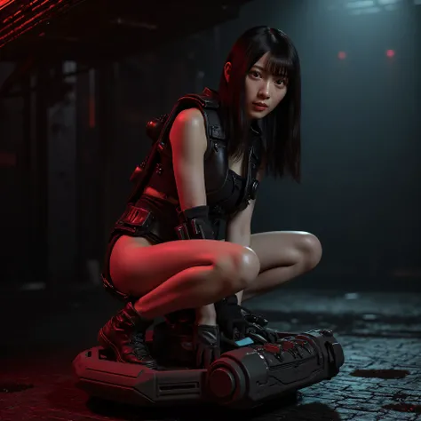 Crouching on a penis vibrator . ((  whole body shot from head to toe)),(((The dark interior of the Nostromo ship :2.0))),((( HR Gigger Style Cyberpunk Atmosphere :2.0))),(((Hold a cyberpunk-style Japanese sword:2.0))),Side view from the back ,Side pose,(( ...