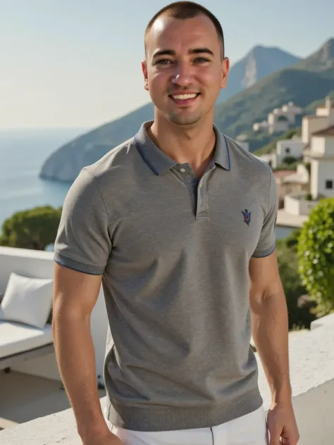  An average photograph of a man wearing a luxury knitted polo from the Riviera Collection,  on a sunny terrace overlooking the serene coast of the French Riviera ,  lens incorporating tranquil elegance and timeless sophistication ,  with the soft Mediterra...