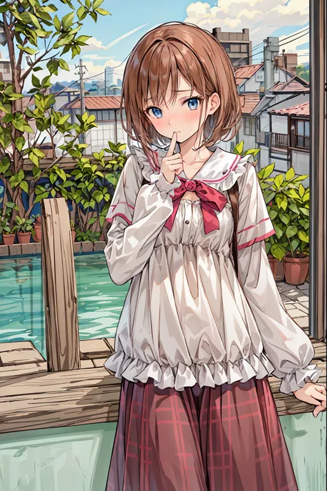 ( Masterpiece), top quality,  cute girl leaning on a wall,  embarrassed, , Intimate moments,  cute,   cropped shirt,  Look Down,  high angle, close, BREAK she is  embarrassed, she is ,  forest setting ,  cute imgae
