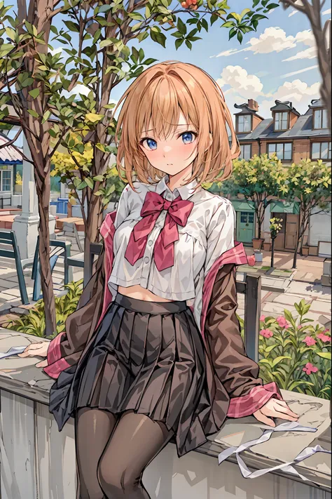 ( Masterpiece), top quality,  cute girl leaning on a wall,  embarrassed, , Intimate moments,  cute,   cropped shirt,  Look Down,  high angle, close, BREAK she is  embarrassed, she is ,  forest setting ,  cute imgae
