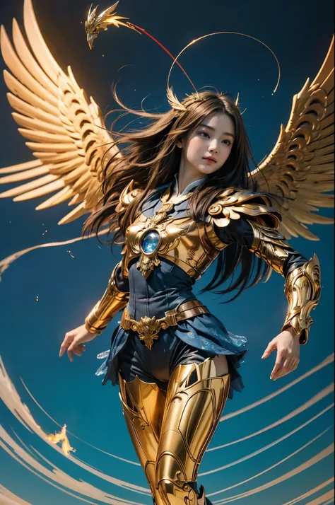 (masterpiece, highest quality, Realistic photos), ((Angel floating in the air;1.4)), A very cute Japanese woman, A complex copper and brass mechanical armor with a Hawk and eagle motif., Beautiful big angel wings, (The wings are symmetrically paired;1.5), ...