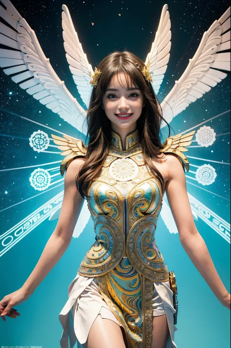 Cyborg, Girl, Beautiful girl, Cute, Sexy, Strong, Slender, Delicate, Smile, (Lolita costume), High legs, Metallic, ultra color, paisley, mandalas, Near future, Heaven, angel, feater, wing, Helix lamp, (The wings are symmetrically paired;1.5),
