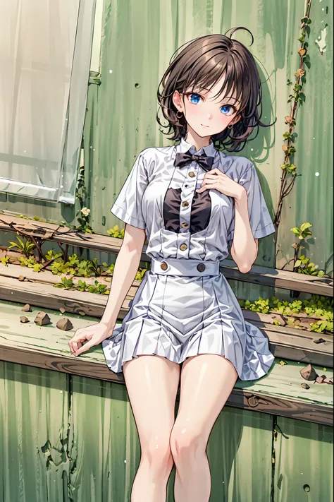 ( Masterpiece), top quality,  cute girl leaning on a wall,  embarrassed, , Intimate moments,  cute,   cropped shirt,  Look Down,  high angle, close, BREAK she is  embarrassed, she is ,  forest setting ,  cute imgae， Hair， shortcut ， unkempt hair，Short brai...