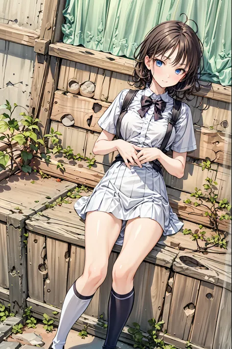 ( Masterpiece), top quality,  cute girl leaning on a wall,  embarrassed, , Intimate moments,  cute,   cropped shirt,  Look Down,  high angle, close, BREAK she is  embarrassed, she is ,  forest setting ,  cute imgae， Hair， shortcut ， unkempt hair，Short brai...